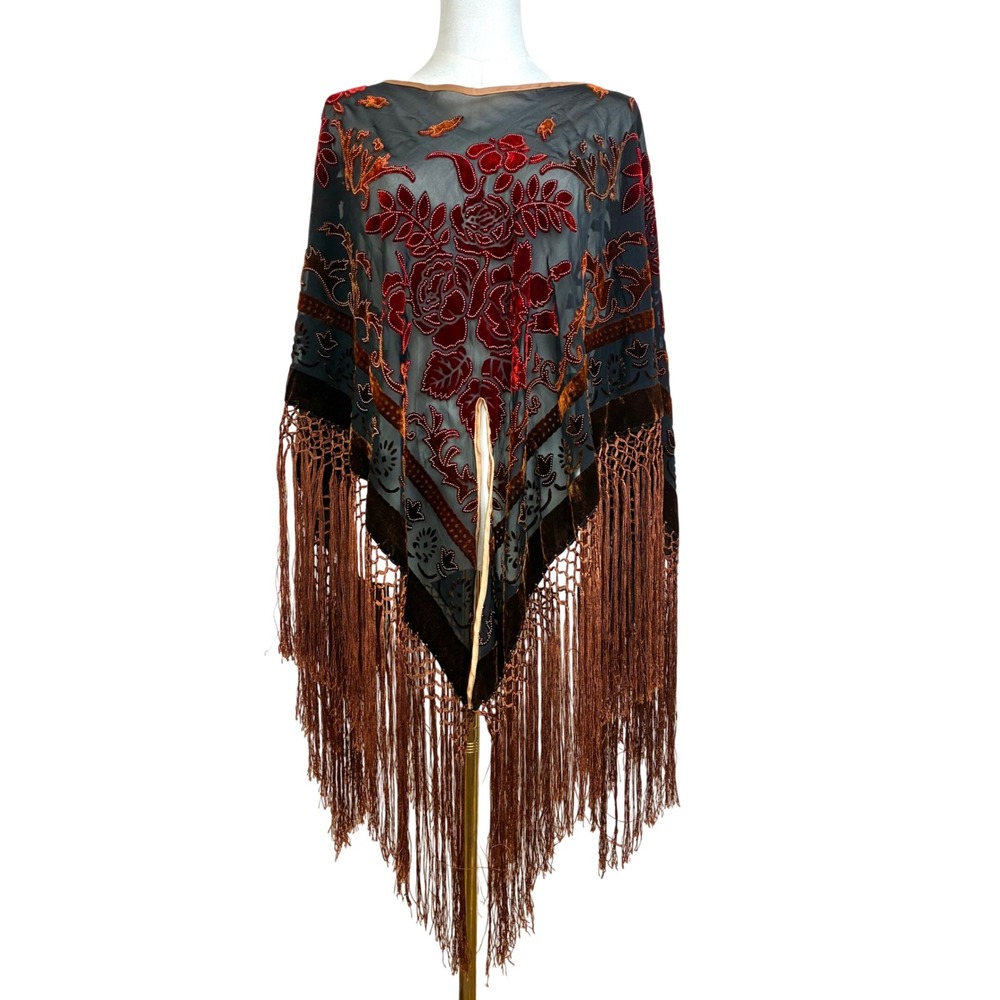 Vintage Poncho OS Velvet Burnout Fringe Boho Event Artsy Whimsigoth Shawl Fall